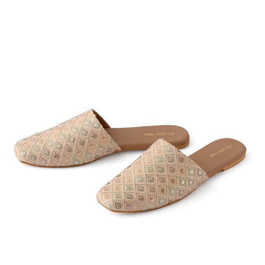 Beige Embroidered Mules
