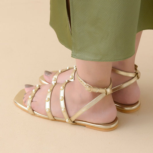 Gold Pearl Ankle Strap Sandals