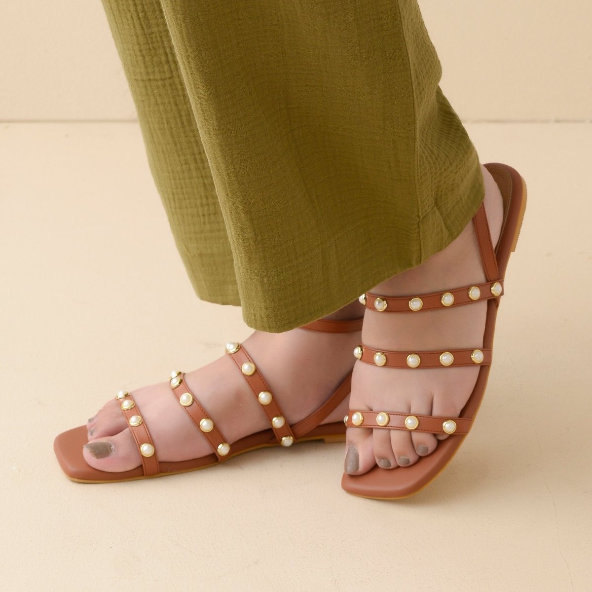 Tan Pearl Ankle Strap Sandals