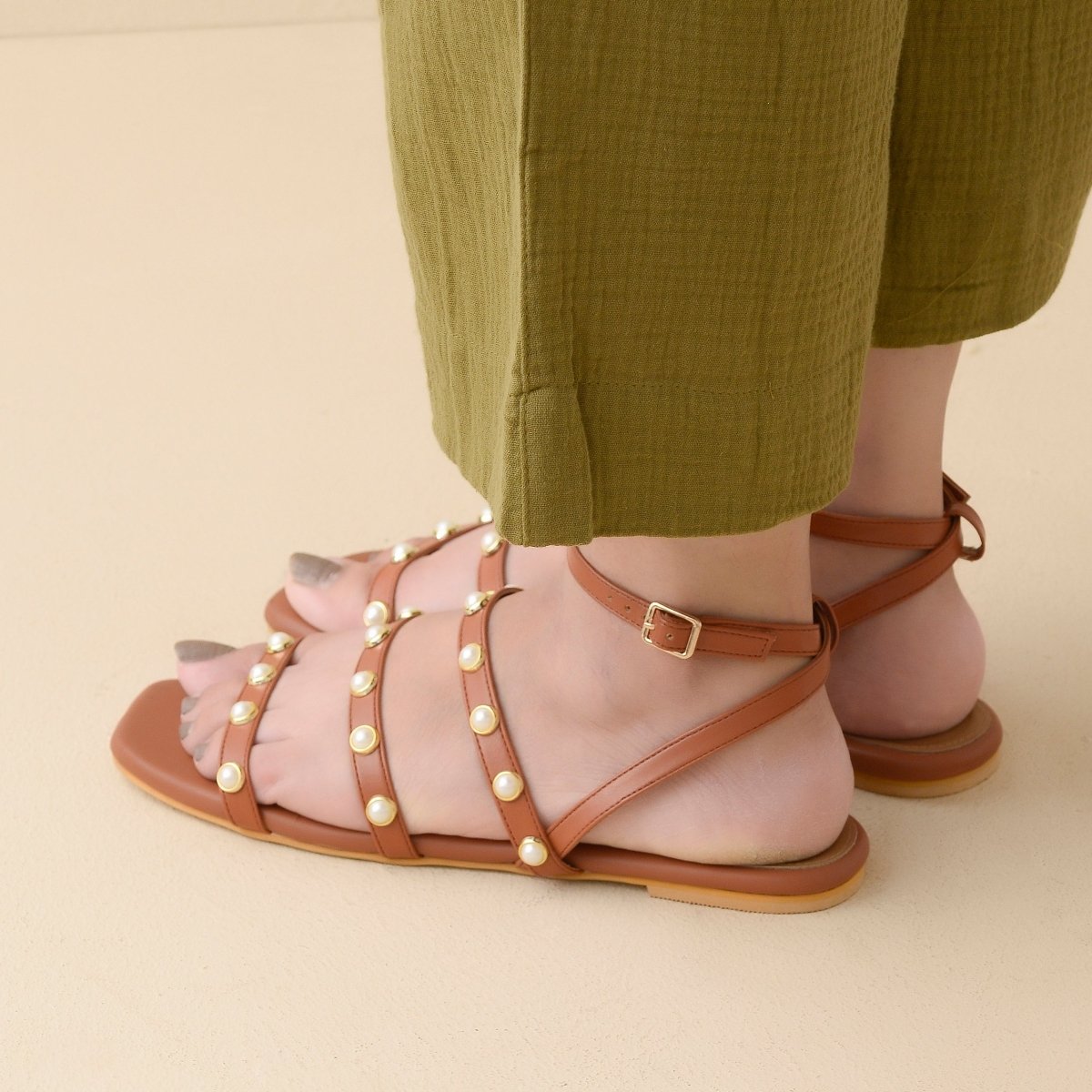 Tan Pearl Ankle Strap Sandals