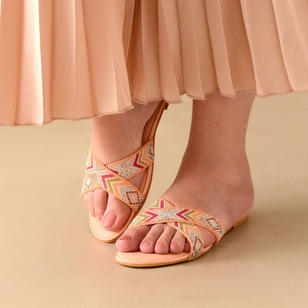 Beaded Peach Cross Flats