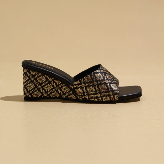 Black Banarasi Gold Wedges