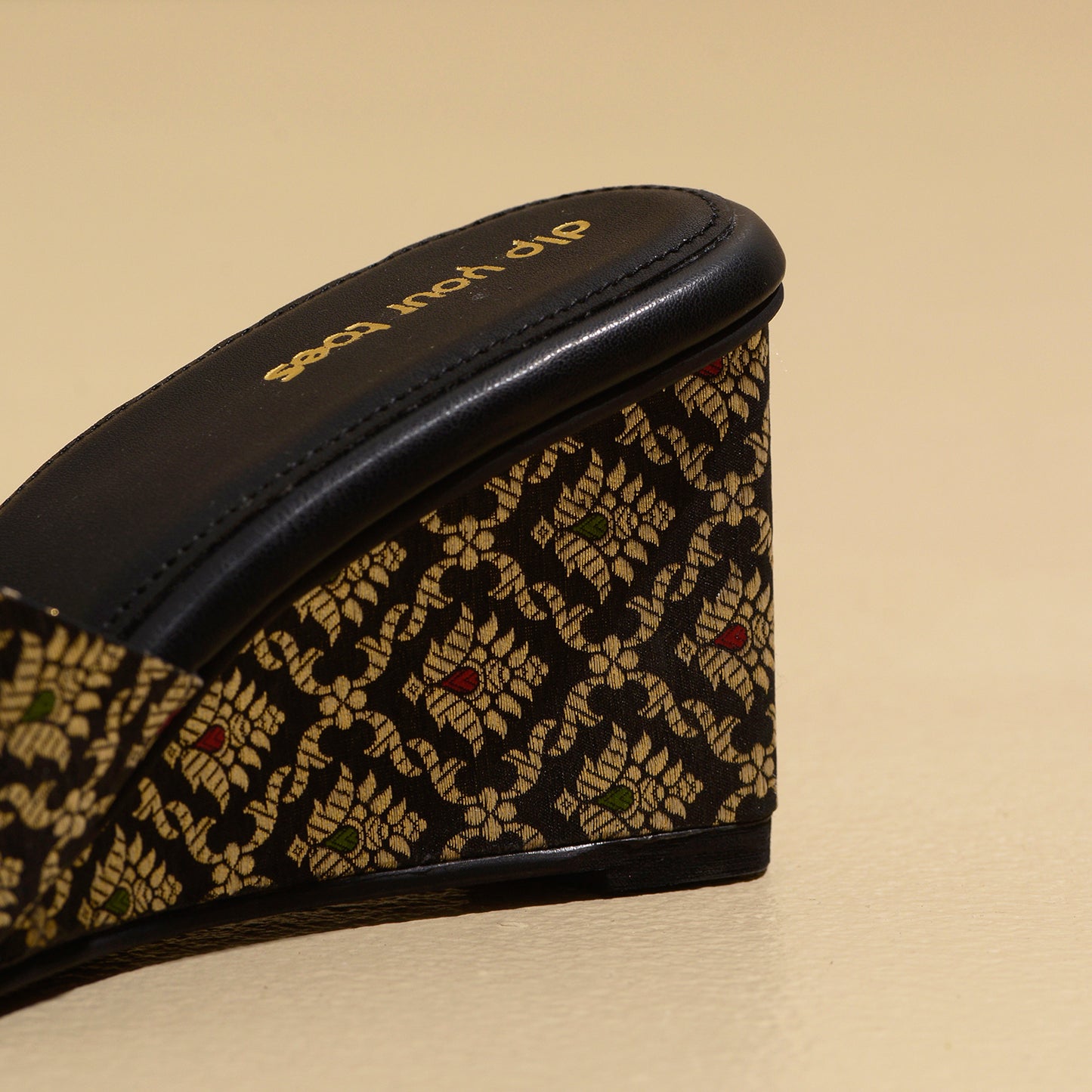 Black Banarasi Gold Wedges