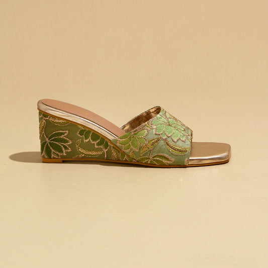 Green Floral Embroidered Wedges