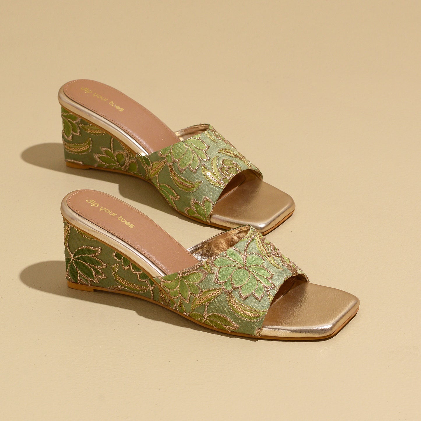 Green Floral Embroidered Wedges