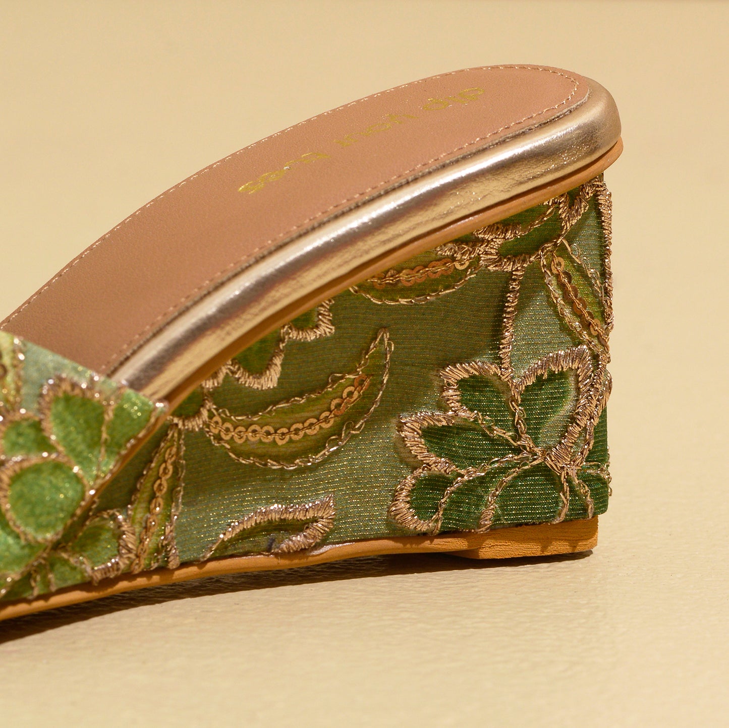 Green Floral Embroidered Wedges