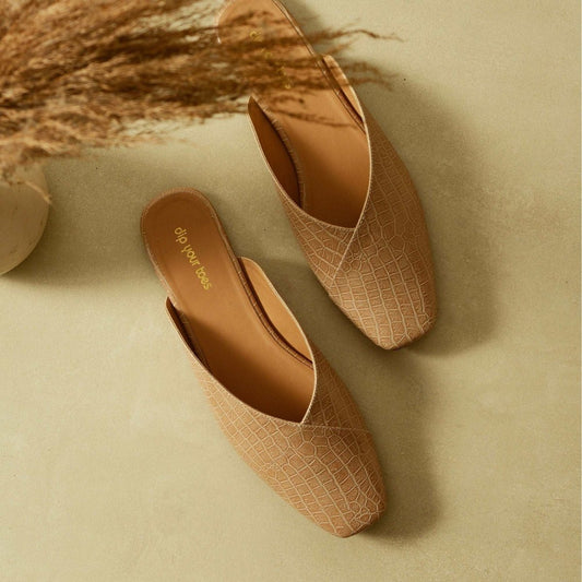 Beige Croc-textured mules