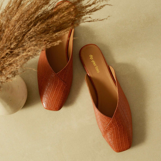Tan Croc-textured mules
