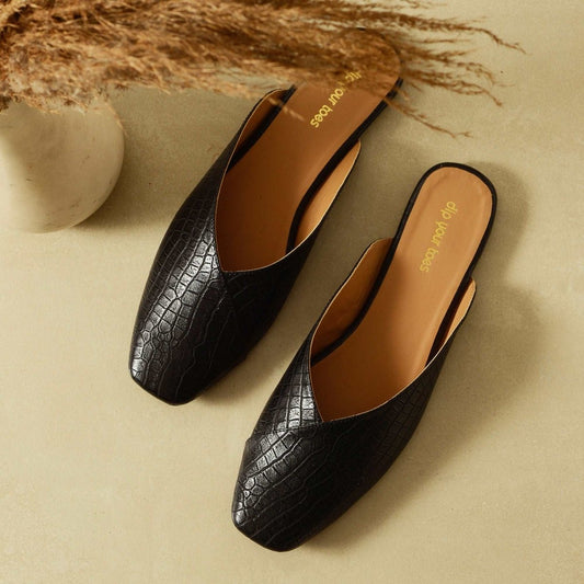 Black Croc-textured mules