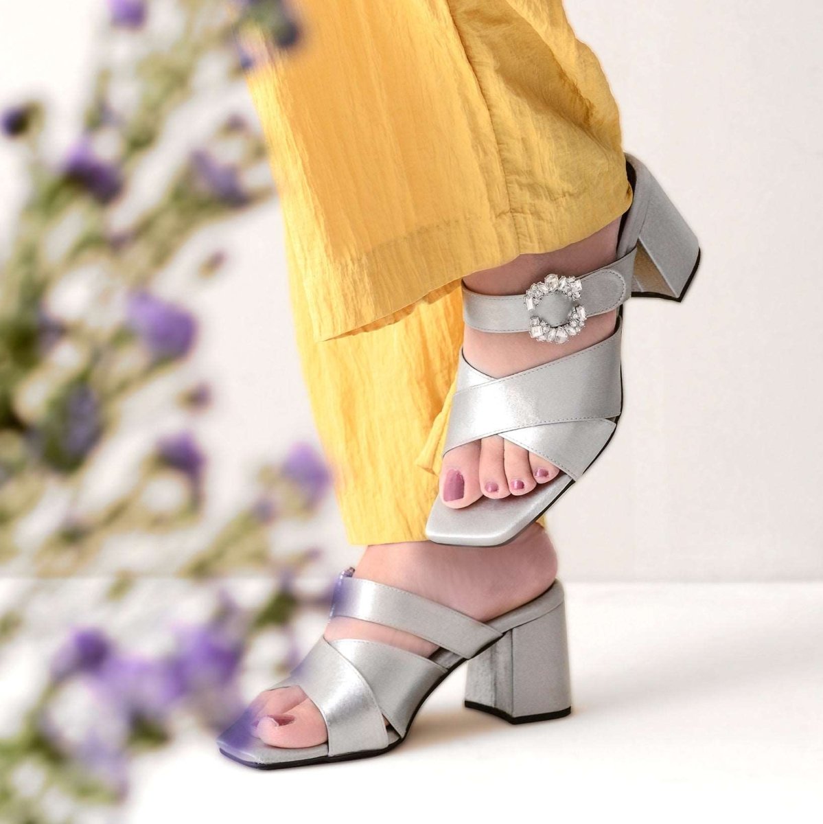 Silver crystal Embellished cross strap Heels