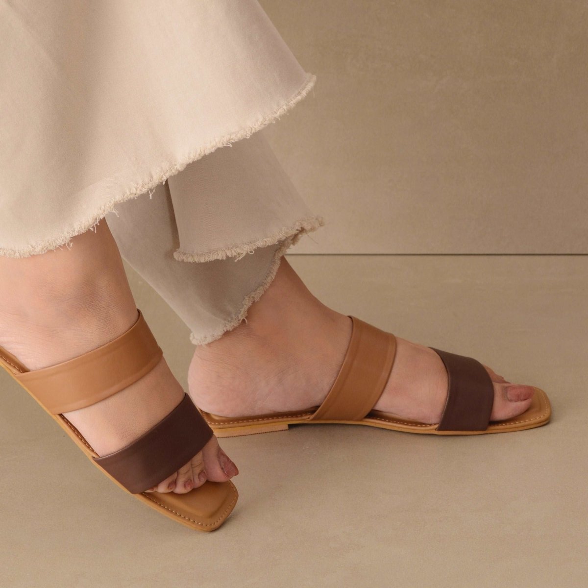 Nude and Brown Double Strap Flats