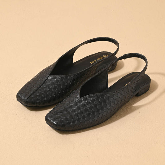 Black square toe block heel sling back sandals