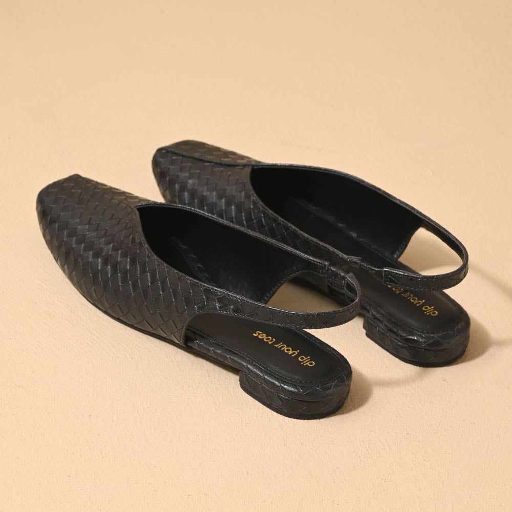 Black square toe block heel sling back sandals