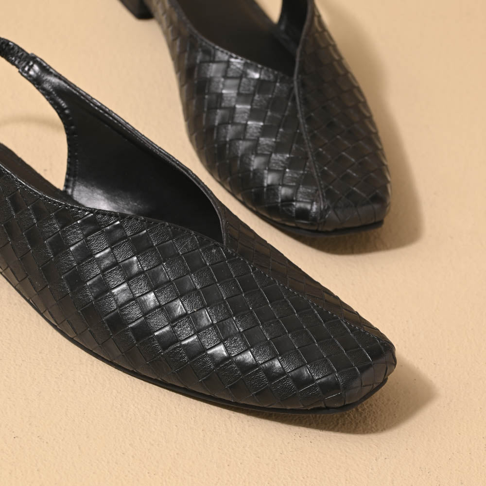 Black square toe block heel sling back sandals