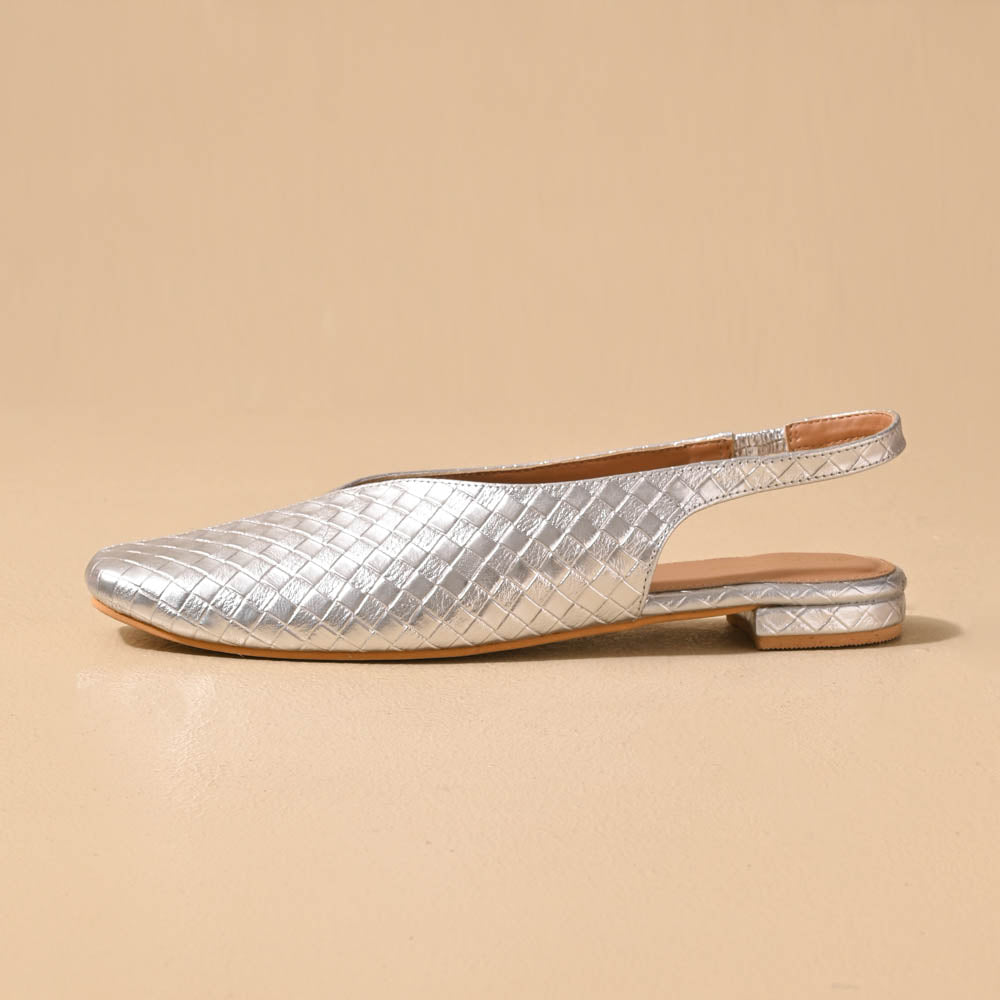 Silver square toe block heel sling back sandals