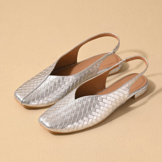 Silver square toe block heel sling back sandals