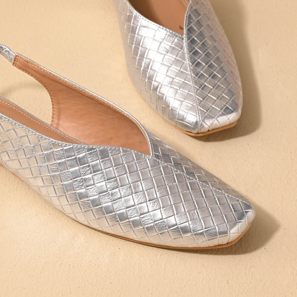 Silver square toe block heel sling back sandals