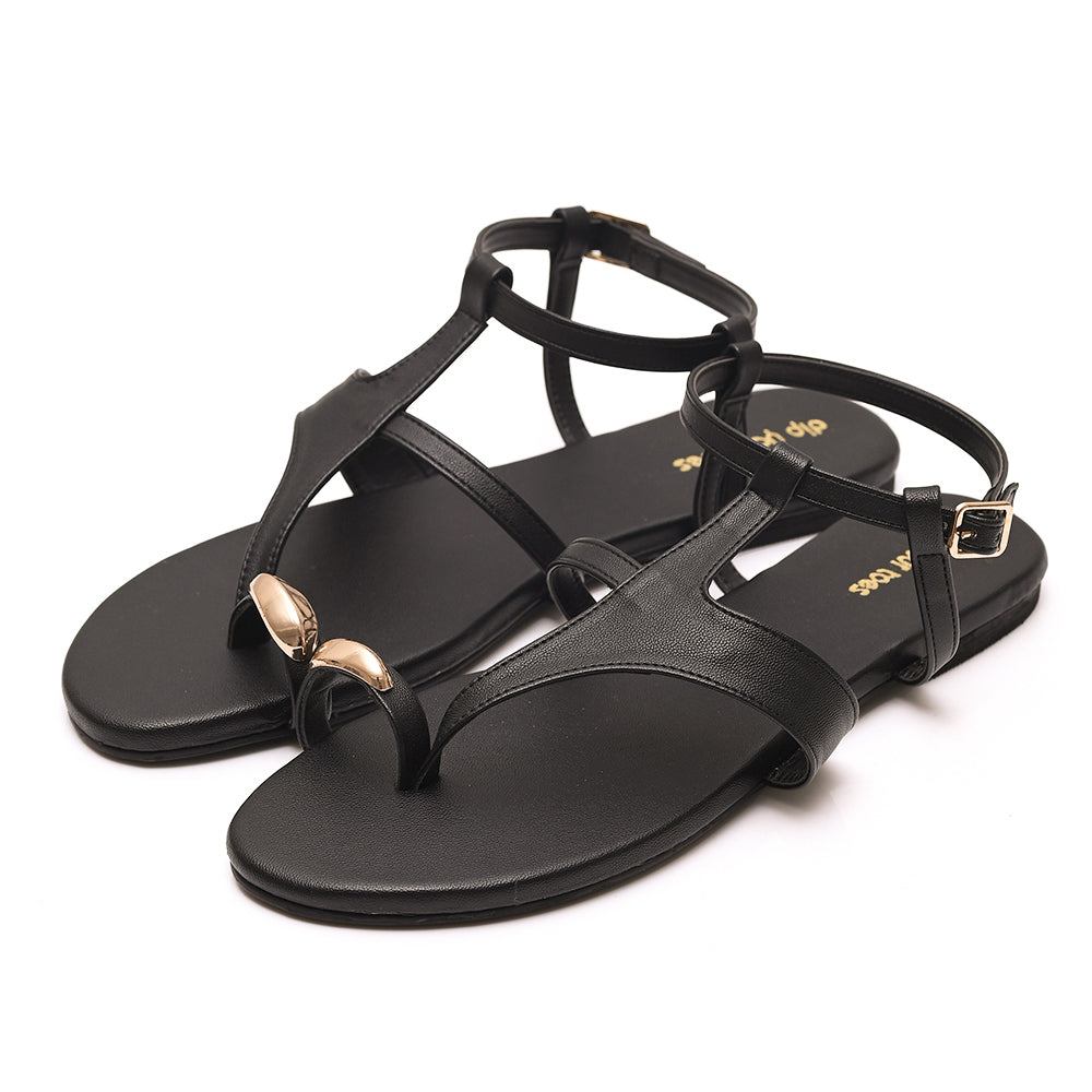 Black Toe Ring Ankle Strap Sandals