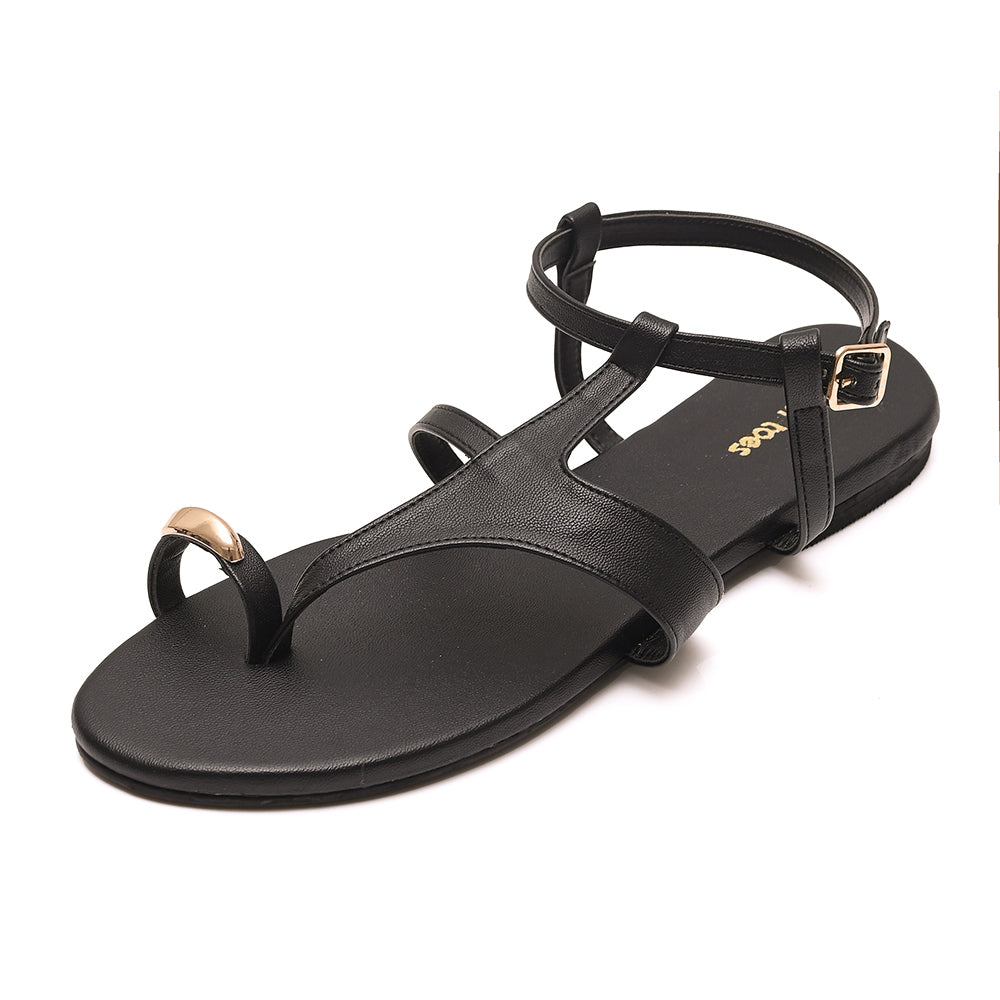 Black Toe Ring Ankle Strap Sandals