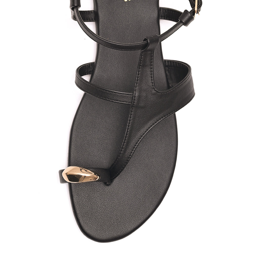 Black Toe Ring Ankle Strap Sandals