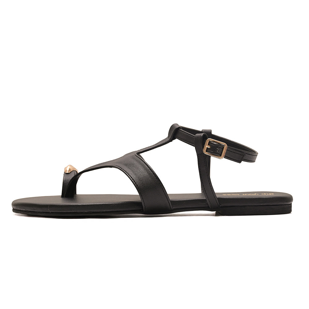 Black Toe Ring Ankle Strap Sandals