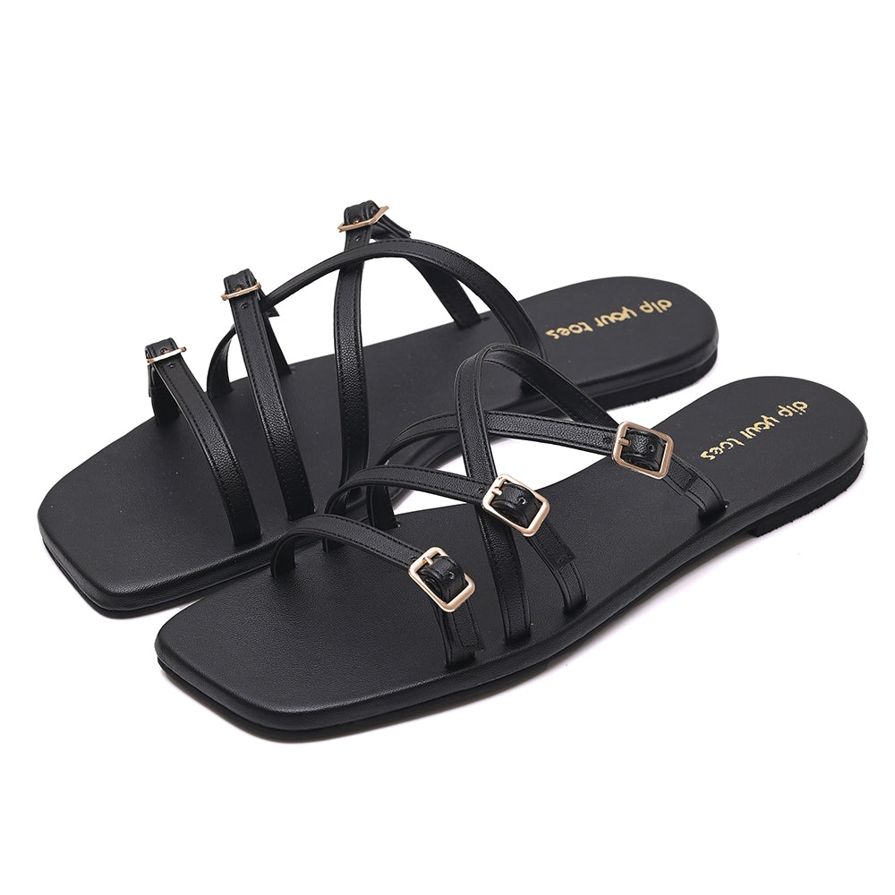 Black Metal detail Multi-Strap Flats