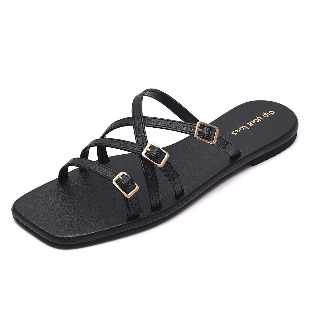 Black Metal detail Multi-Strap Flats