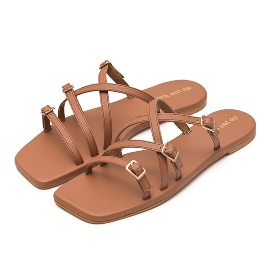 Tan Metal detail Multi-Strap Flats