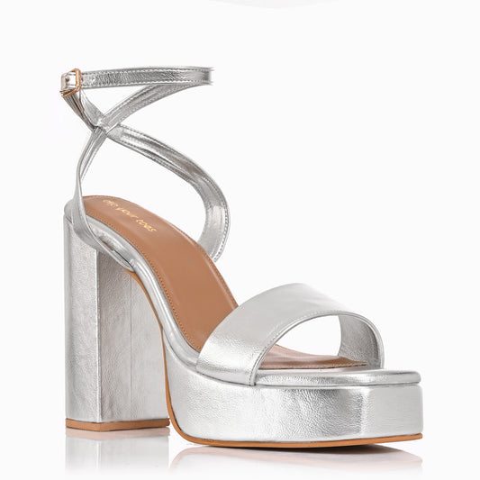 Silver Single Strap Platform Heeled Sandals