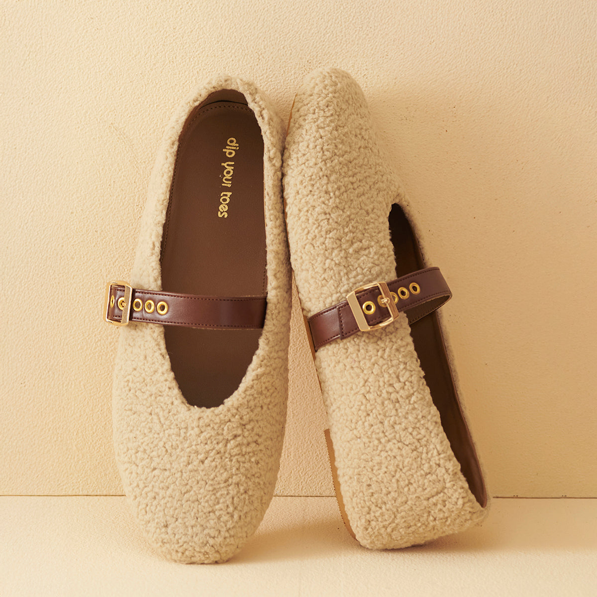 Beige Fleece Mary Jane Flats