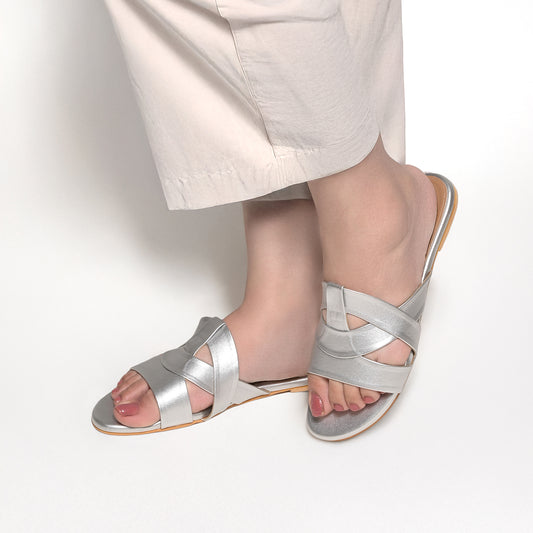 Muted Silver Flat Cross-Strap Sandals