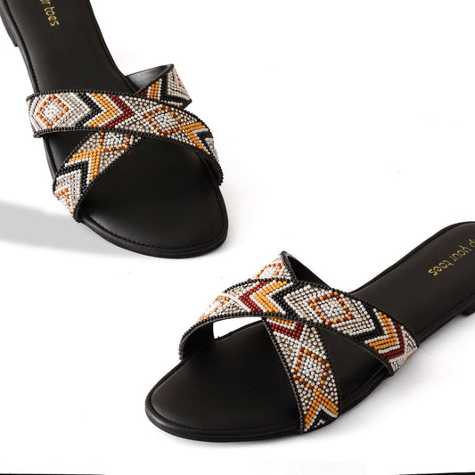 Beaded Black Cross Flats