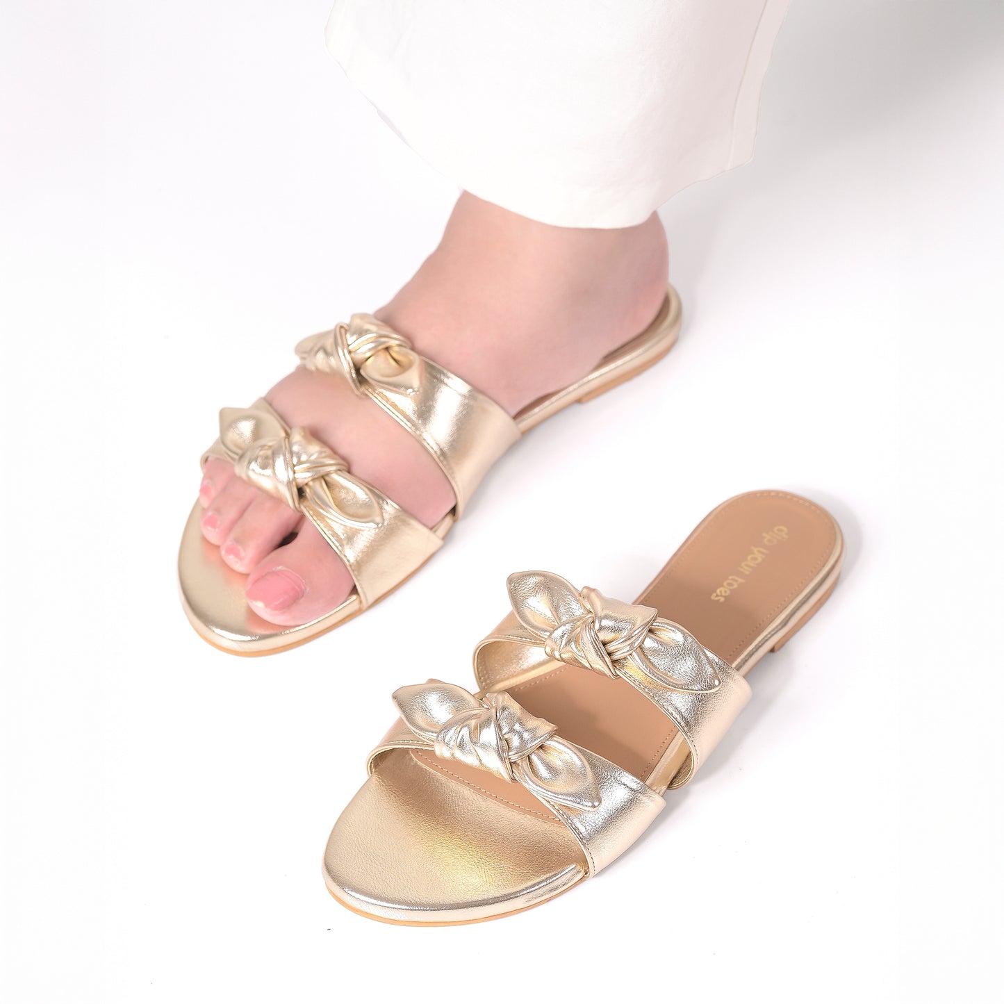 Gold Twin Strap Flats With bow detail