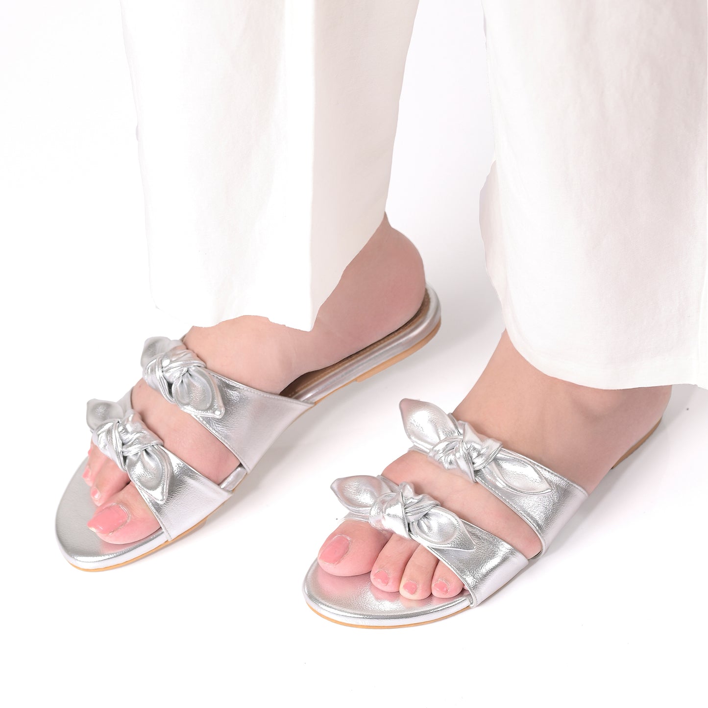 Silver Twin Strap Flats With bow detail