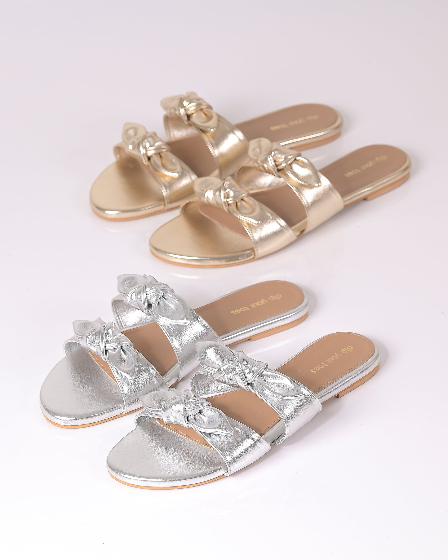 Gold Twin Strap Flats With bow detail