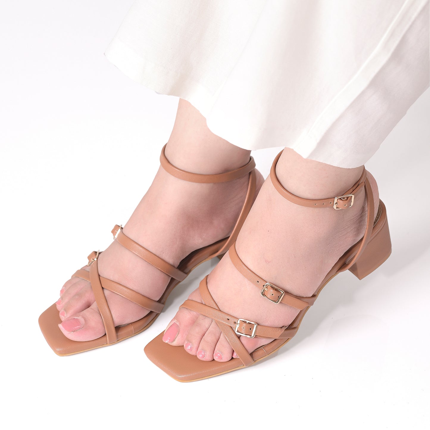 Tan Metal detail Multi-Strap Sandals