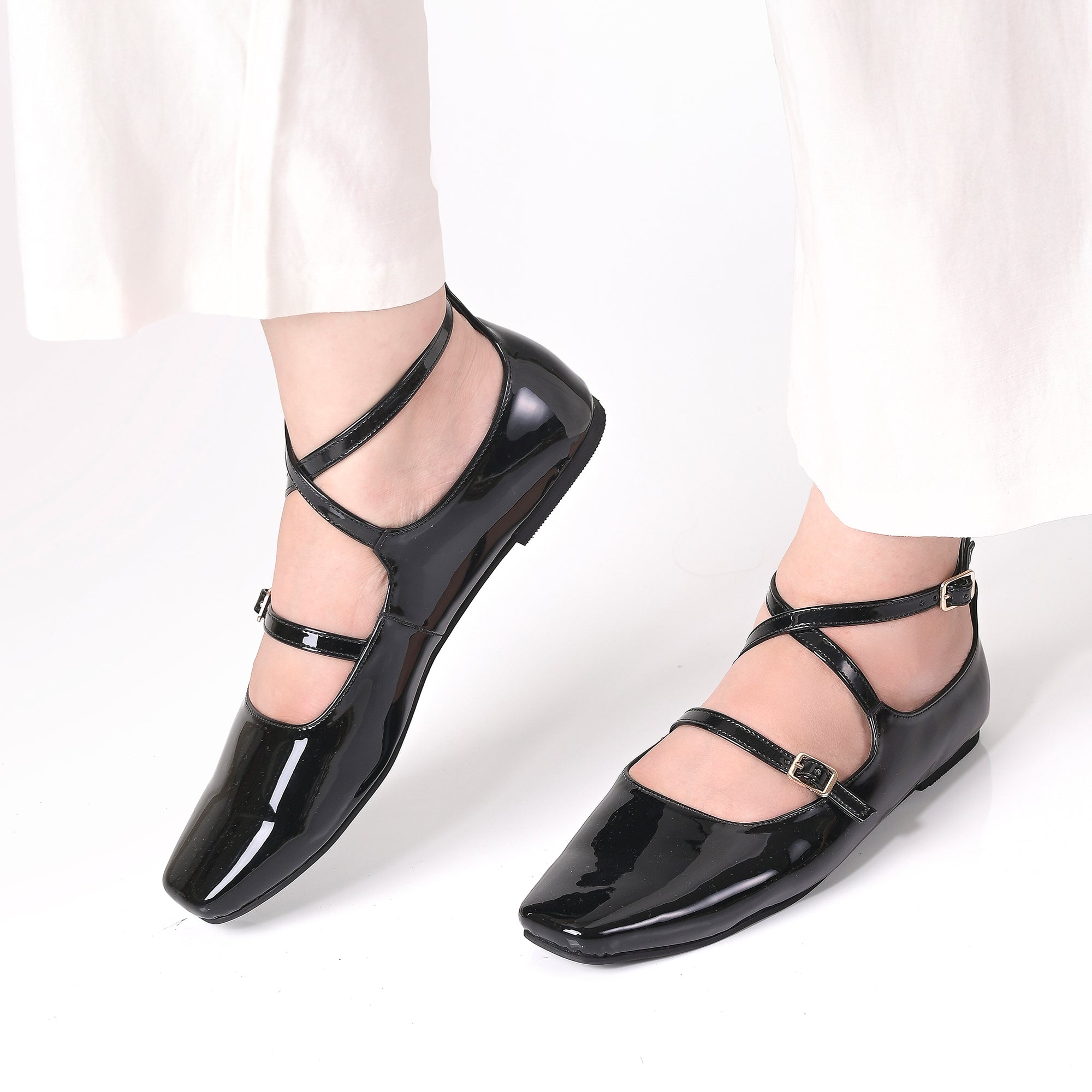 Black Patent Ankle-Strap Ballet Flats