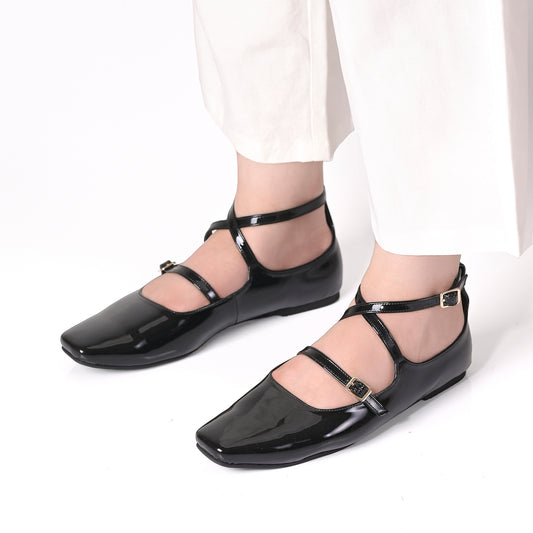 Black Patent Ankle-Strap Ballet Flats