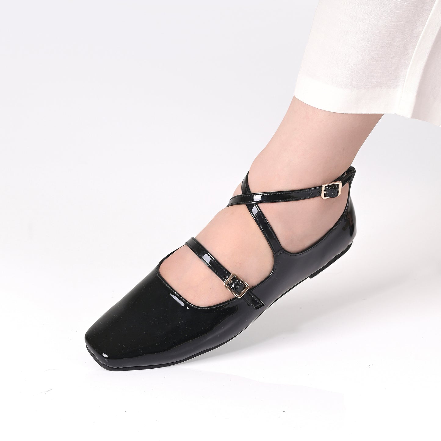 Black Patent Ankle-Strap Ballet Flats