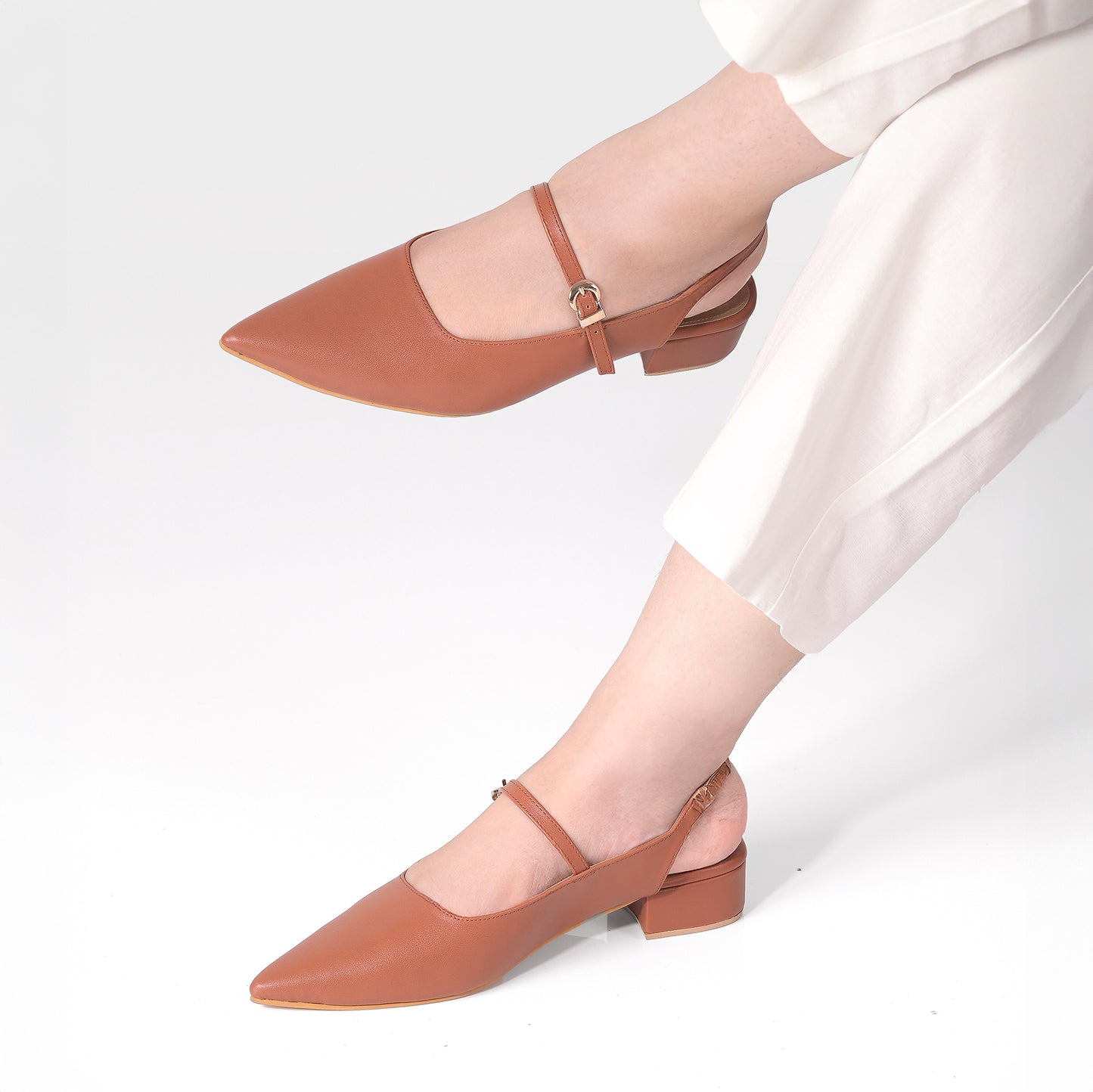 Tan Pointed-Toe Slingback Flats