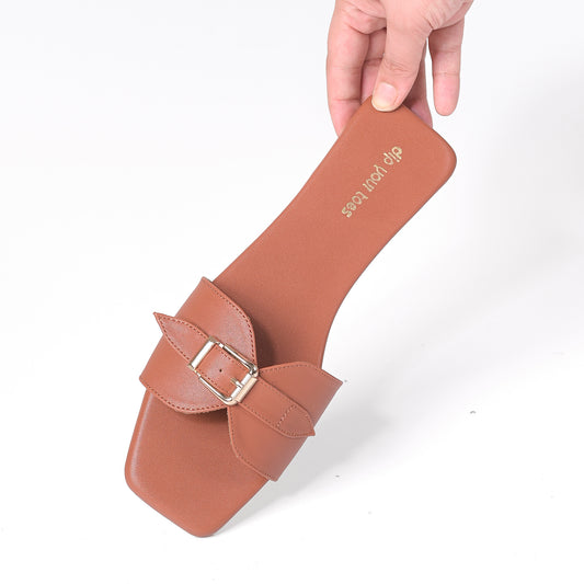 Tan Buckle Detail Single Strap Flats