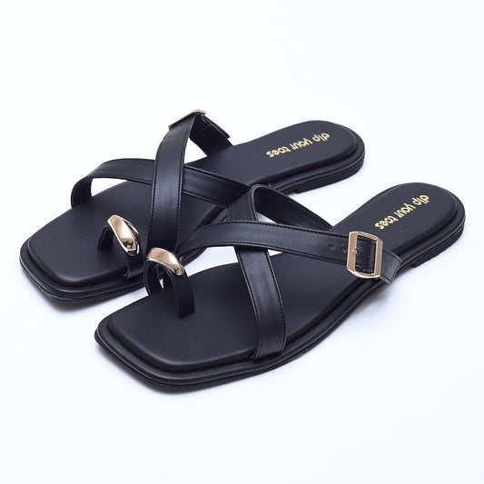 Black Metal detail Cross-Strap Flats