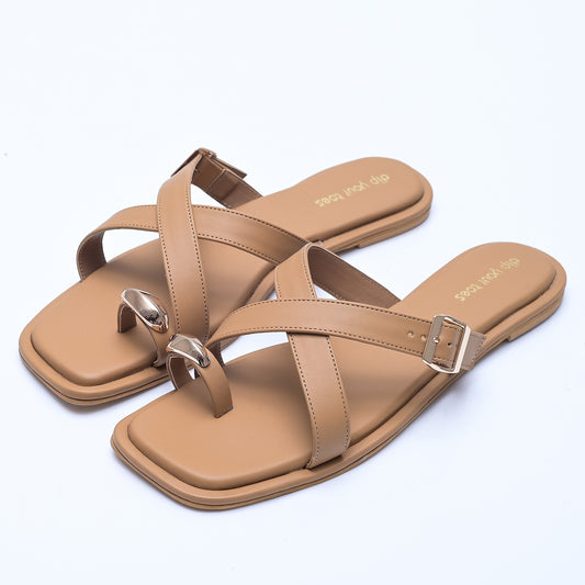 Sand Metal detail Cross-Strap Flats