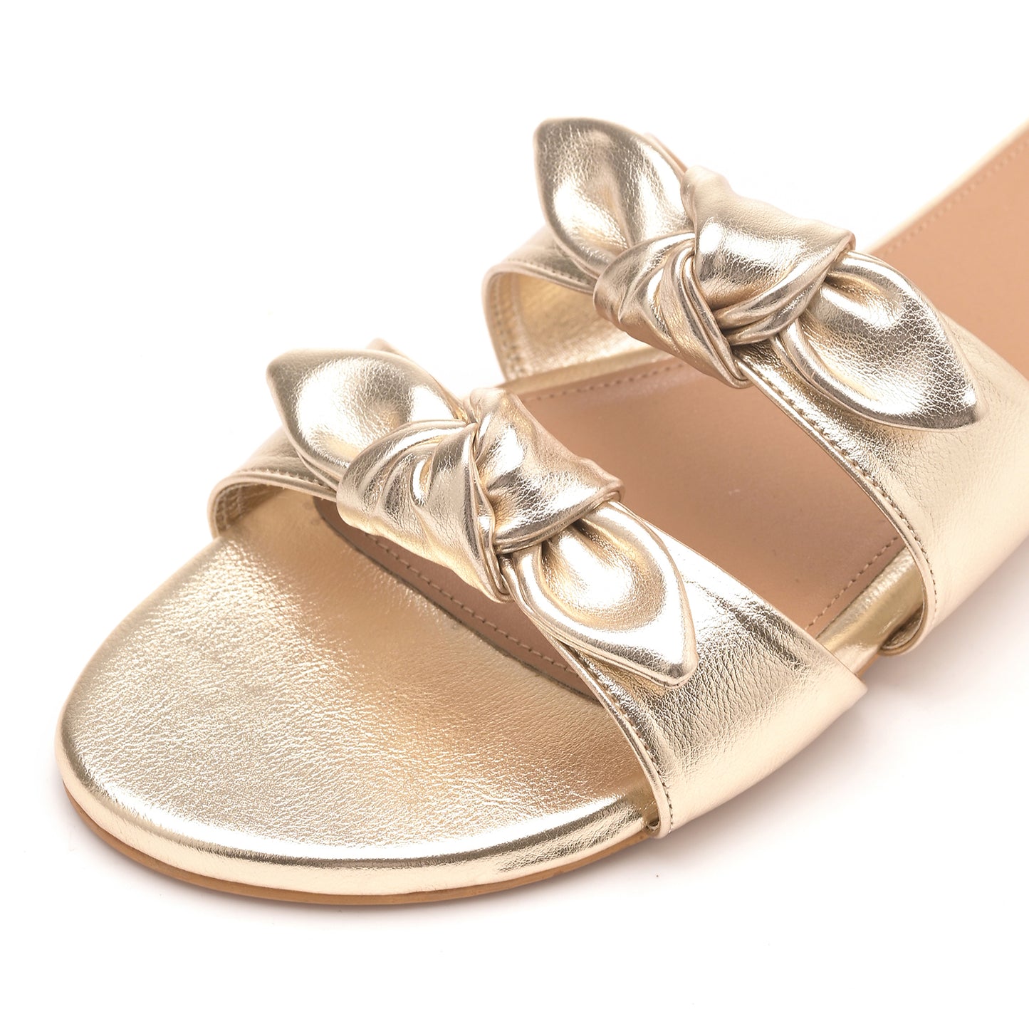 Gold Twin Strap Flats With bow detail