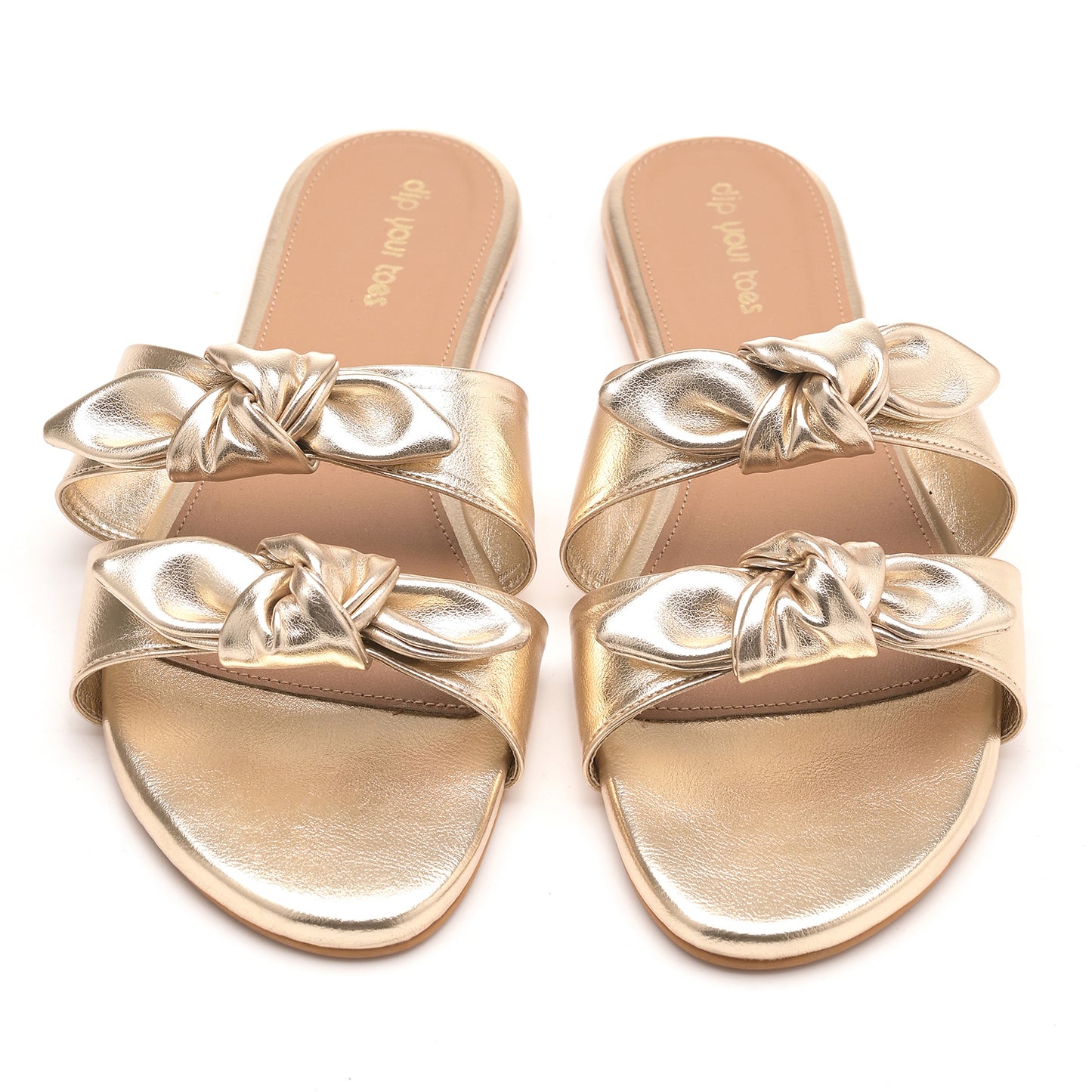 Gold Twin Strap Flats With bow detail