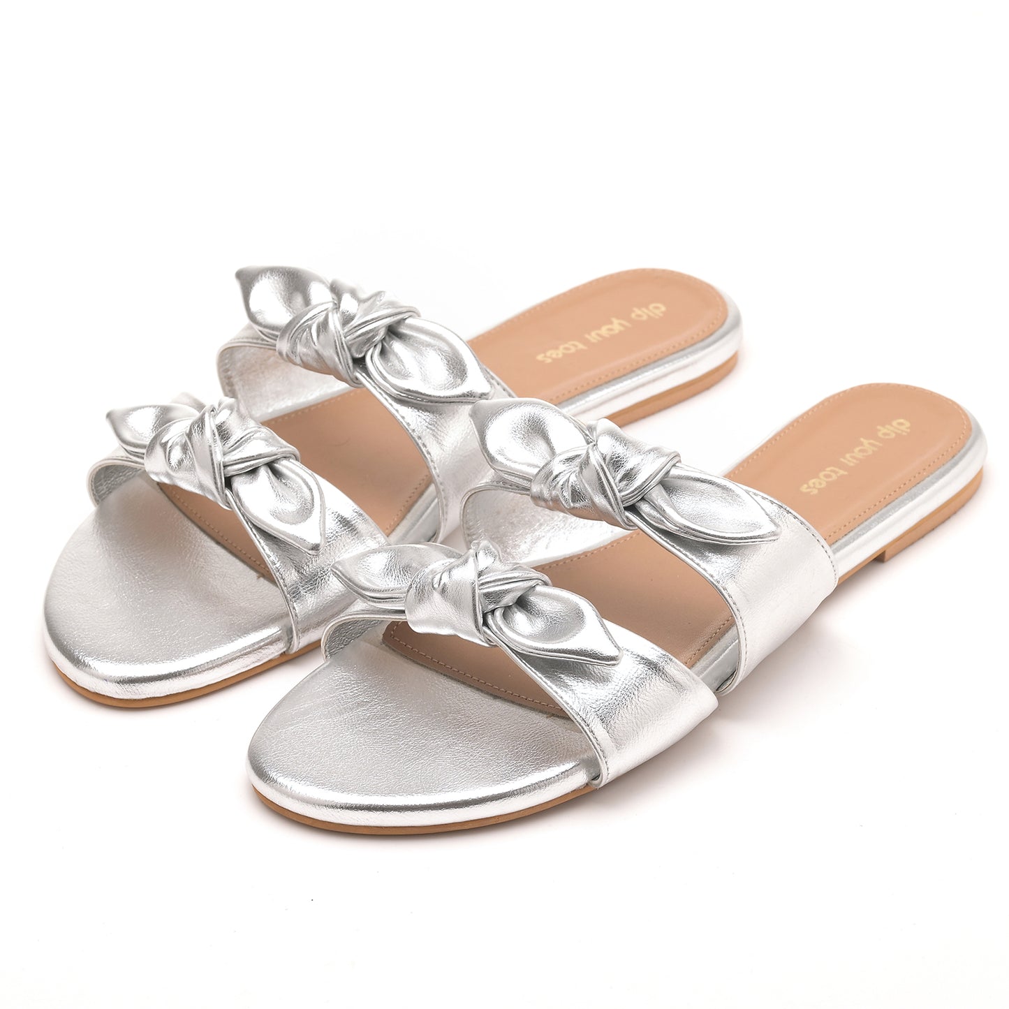 Silver Twin Strap Flats With bow detail