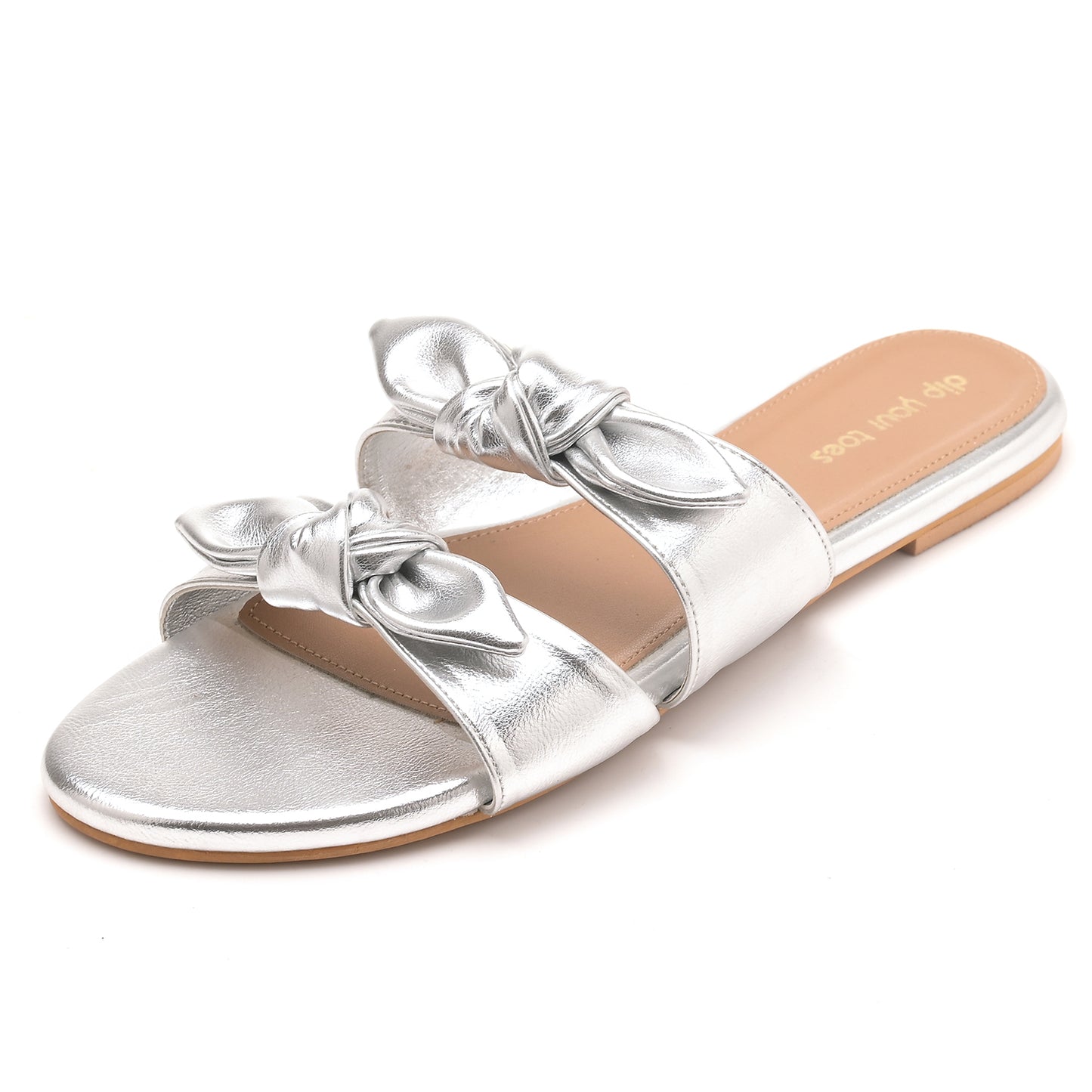 Silver Twin Strap Flats With bow detail