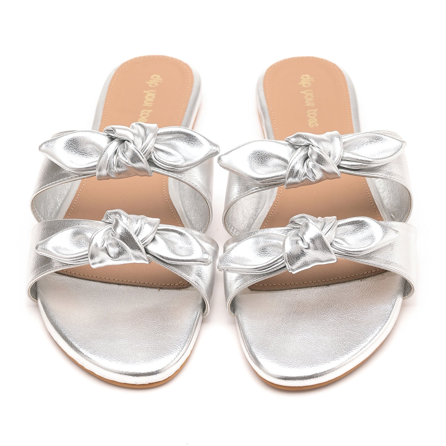 Silver Twin Strap Flats With bow detail