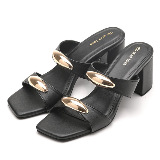 Black Twin Strap Metallic Accent Heels
