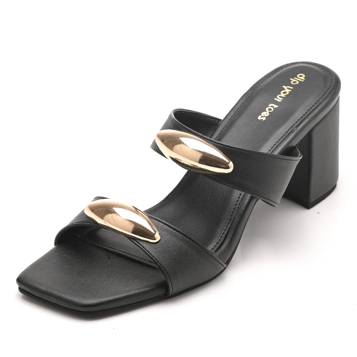 Black Twin Strap Metallic Accent Heels
